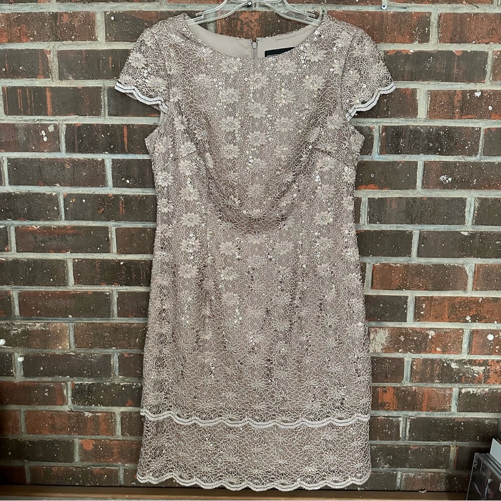 Taupe Short Sleeved Sequin Alex Evenings Dress